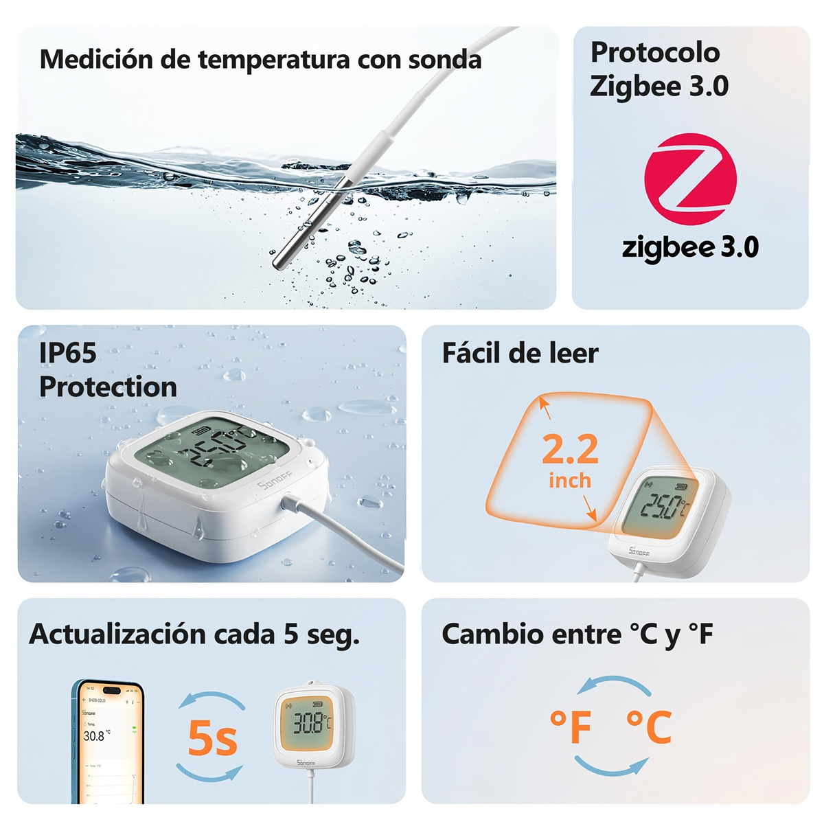 Sonda di misurazione temperatura, protezione IP65, display 2,2 pollici, Zigbee 3.0.