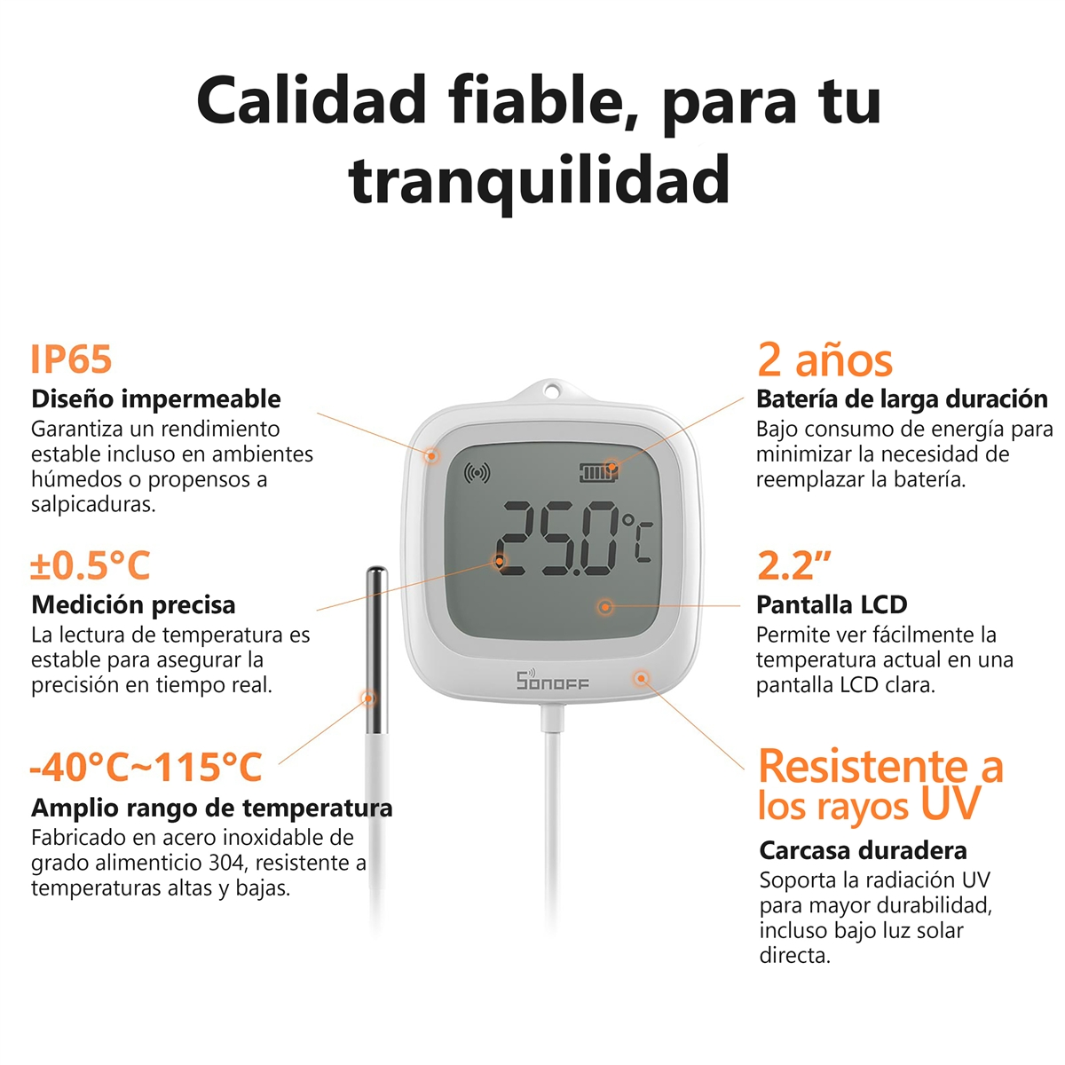 Un termometro bianco con schermo LCD che mostra 25°C. È impermeabile e ha una lunga durata della batteria.
