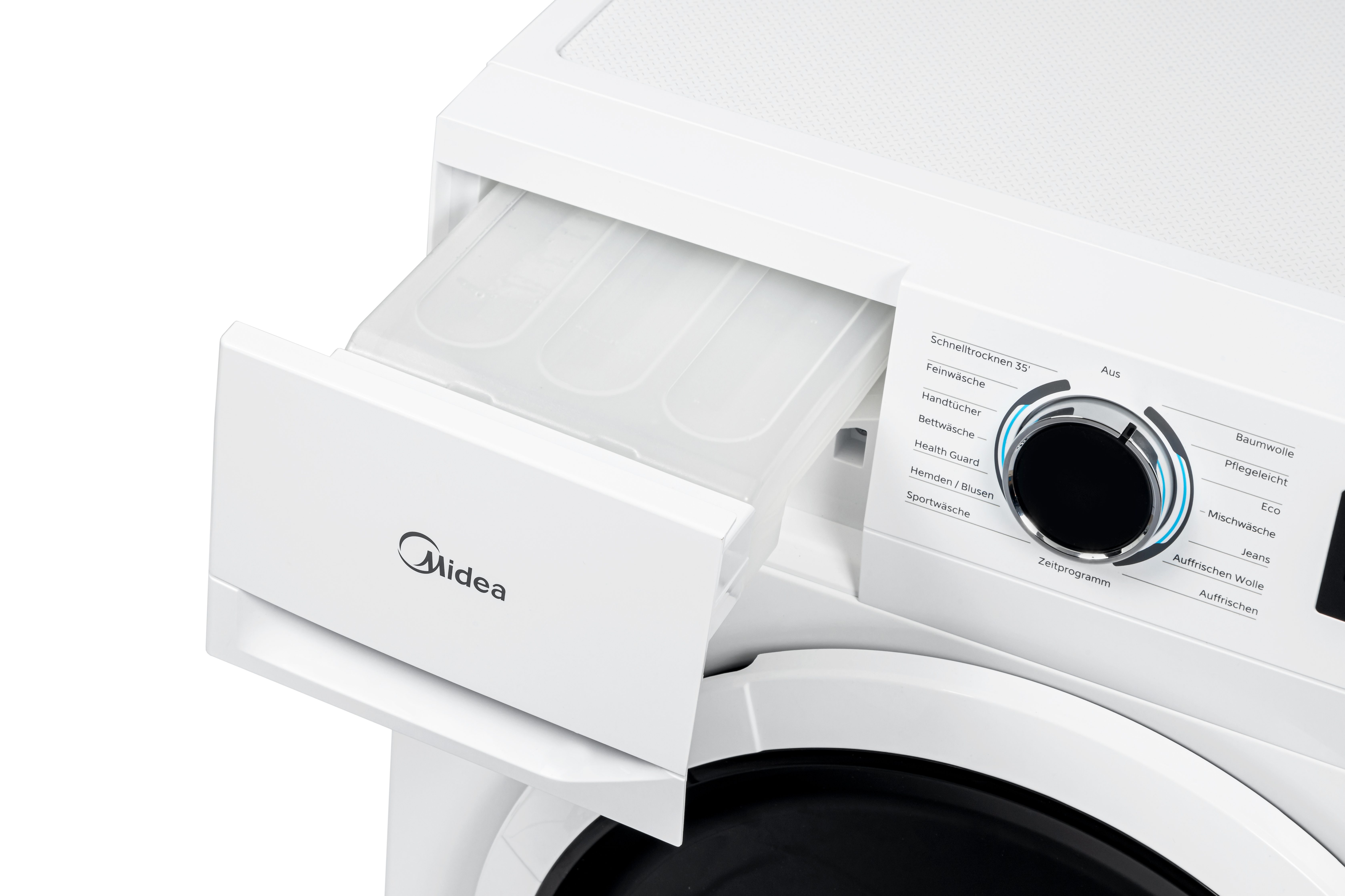 Eine weiße Midea Waschmaschine mit einem geöffneten Waschmittelbehälter und Programmwahl.