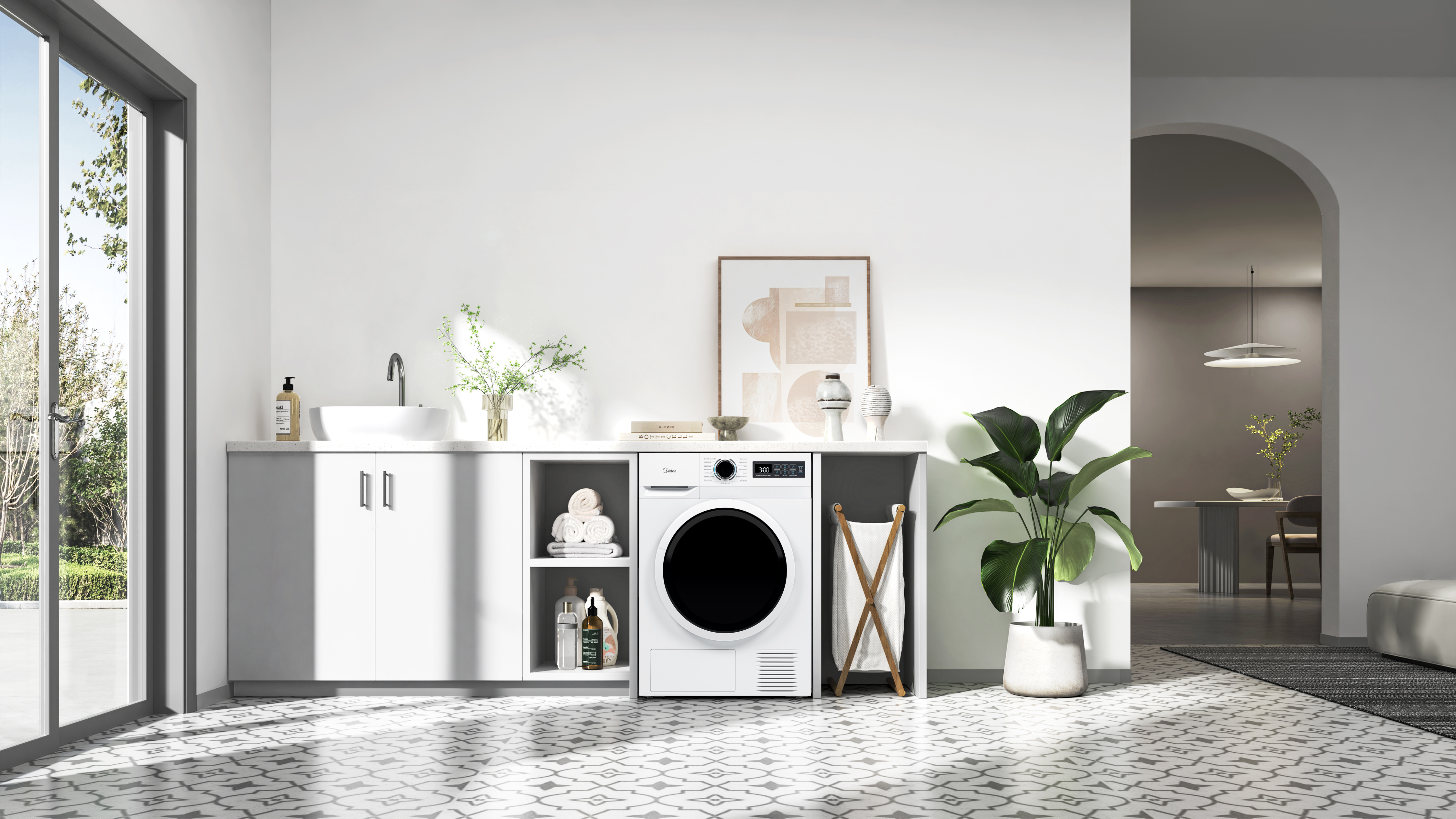 Moderne Waschküche mit Waschmaschine, Waschbecken und großem Fenster.