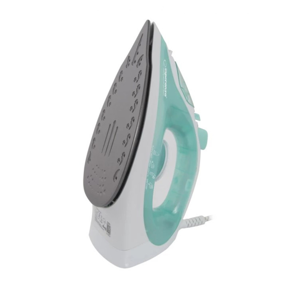Białe i turkusowe żelazko parowe na białym tle.