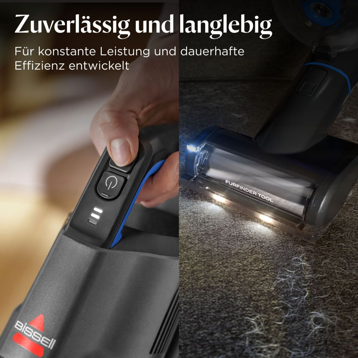 Hand hält Staubsaugergriff. Bürstenkopf reinigt Teppich mit Lichtern.