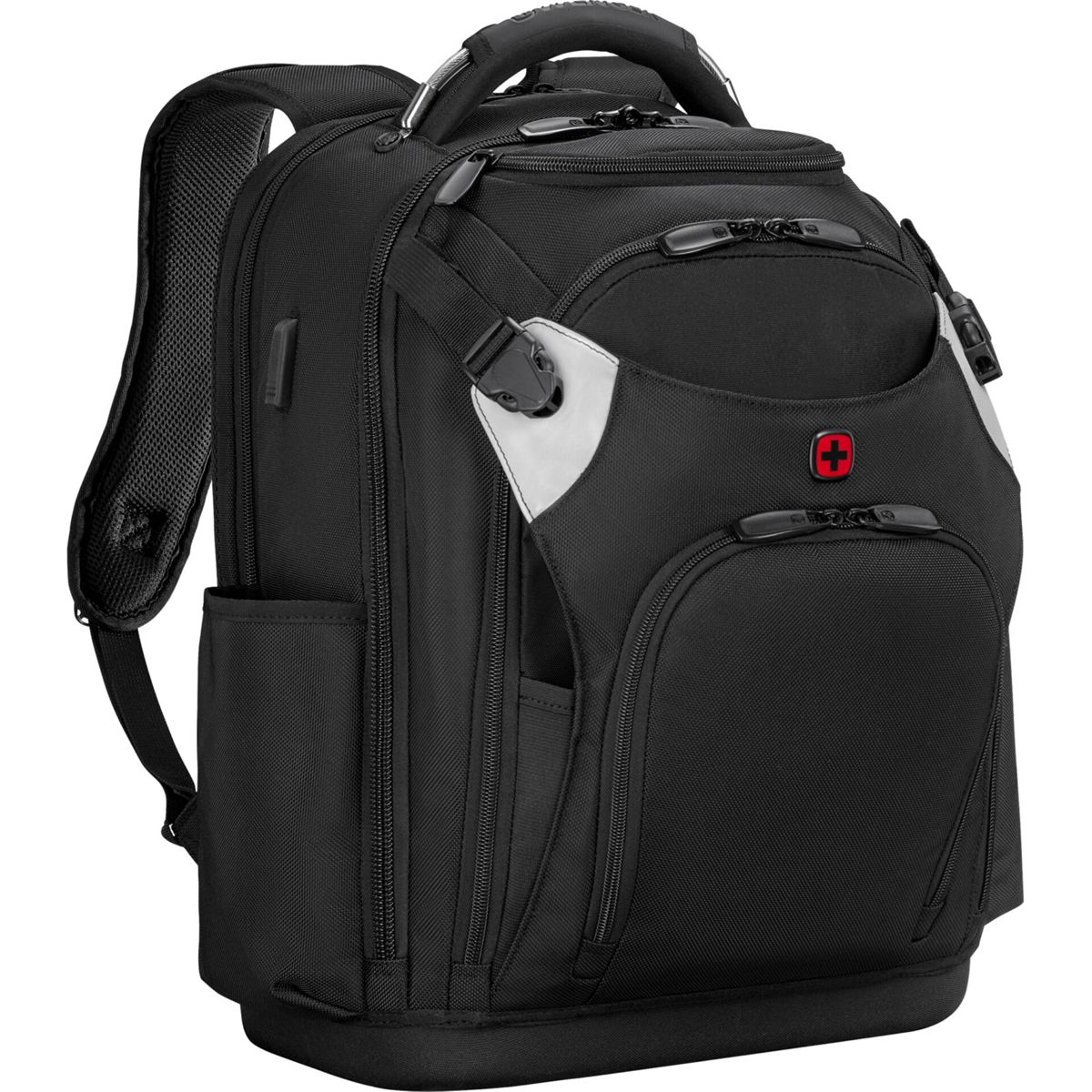Ein schwarzer Rucksack mit silbernen Akzenten und einem roten Kreuz-Logo.