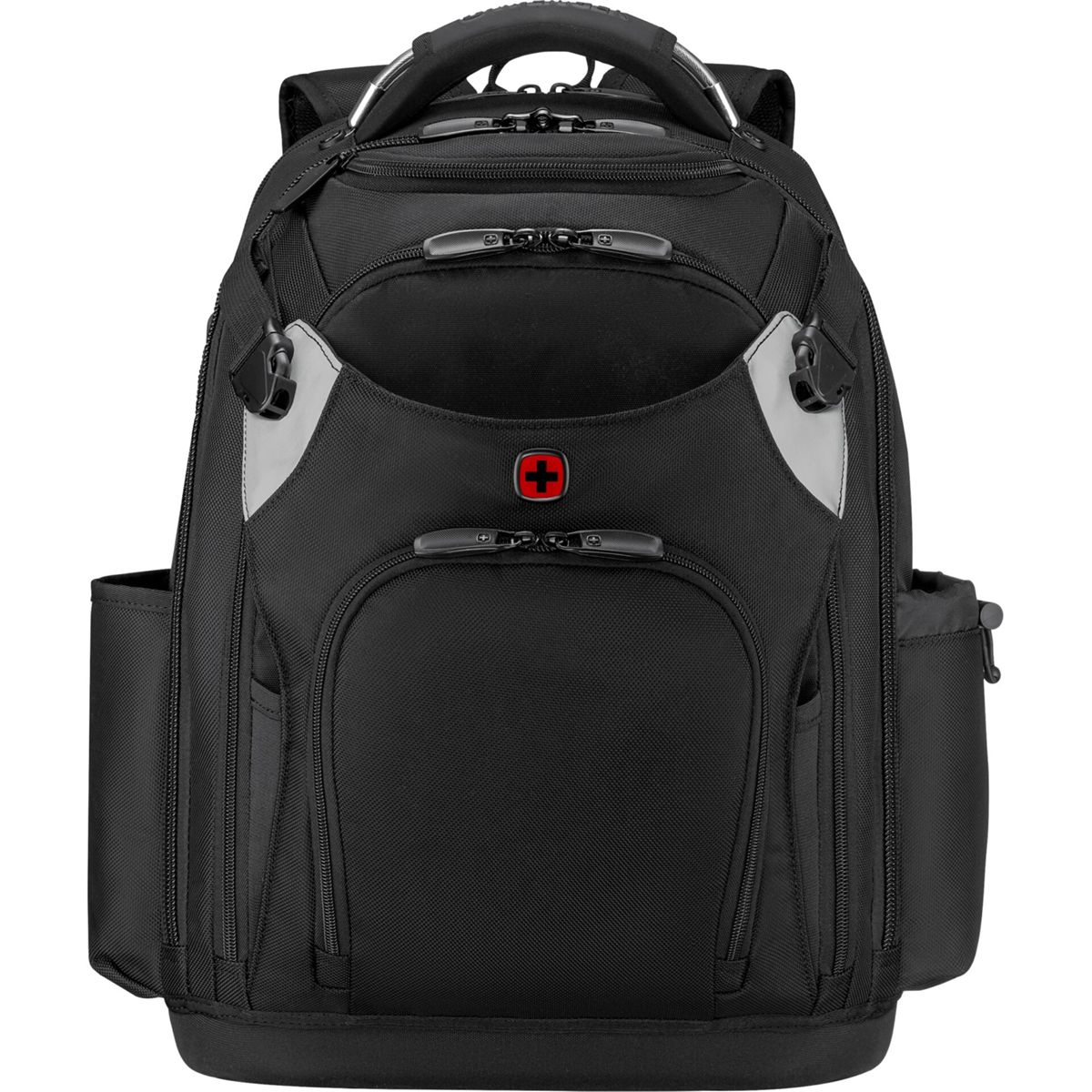 Ein schwarzer Rucksack mit mehreren Fächern und einem roten Kreuz-Logo.