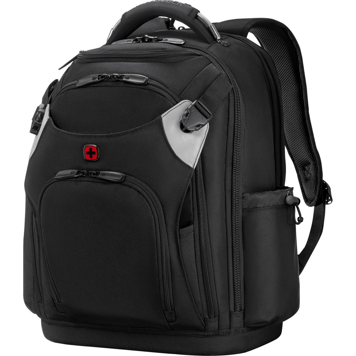 Schwarzer Rucksack mit rotem Schweizer Kreuz-Logo und vielen Reißverschlüssen.