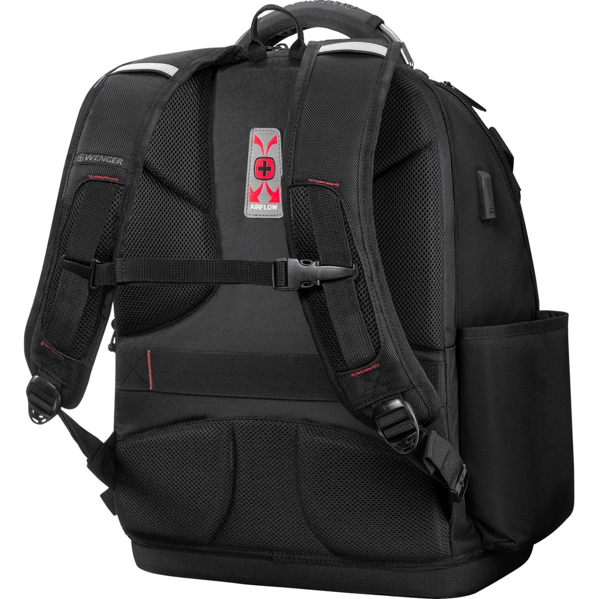 Schwarzer Wenger-Rucksack mit Airflow-Logo, gepolsterten Trägern und Seitentasche.
