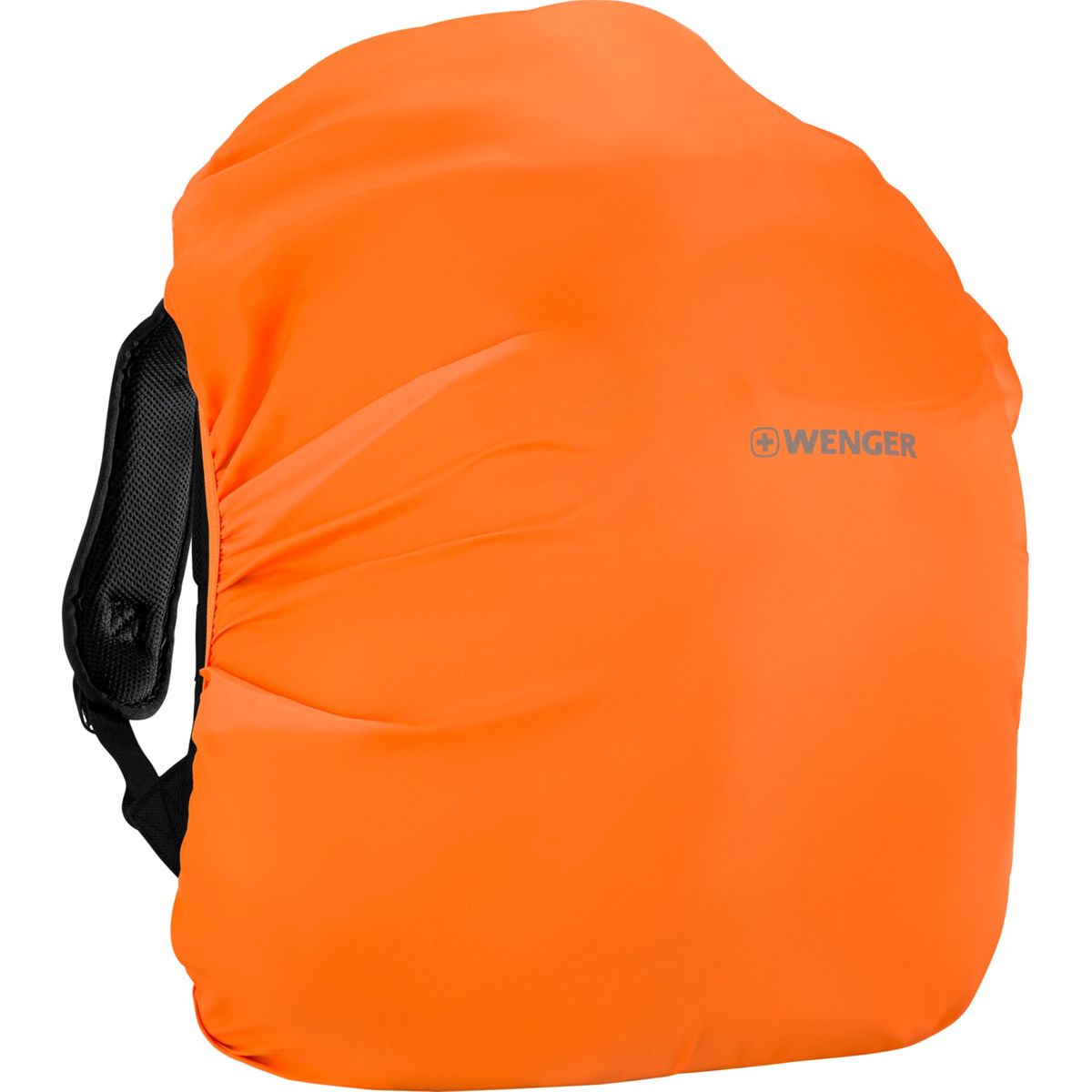 Ein leuchtend orangefarbener Rucksackbezug mit dem Wenger-Logo.