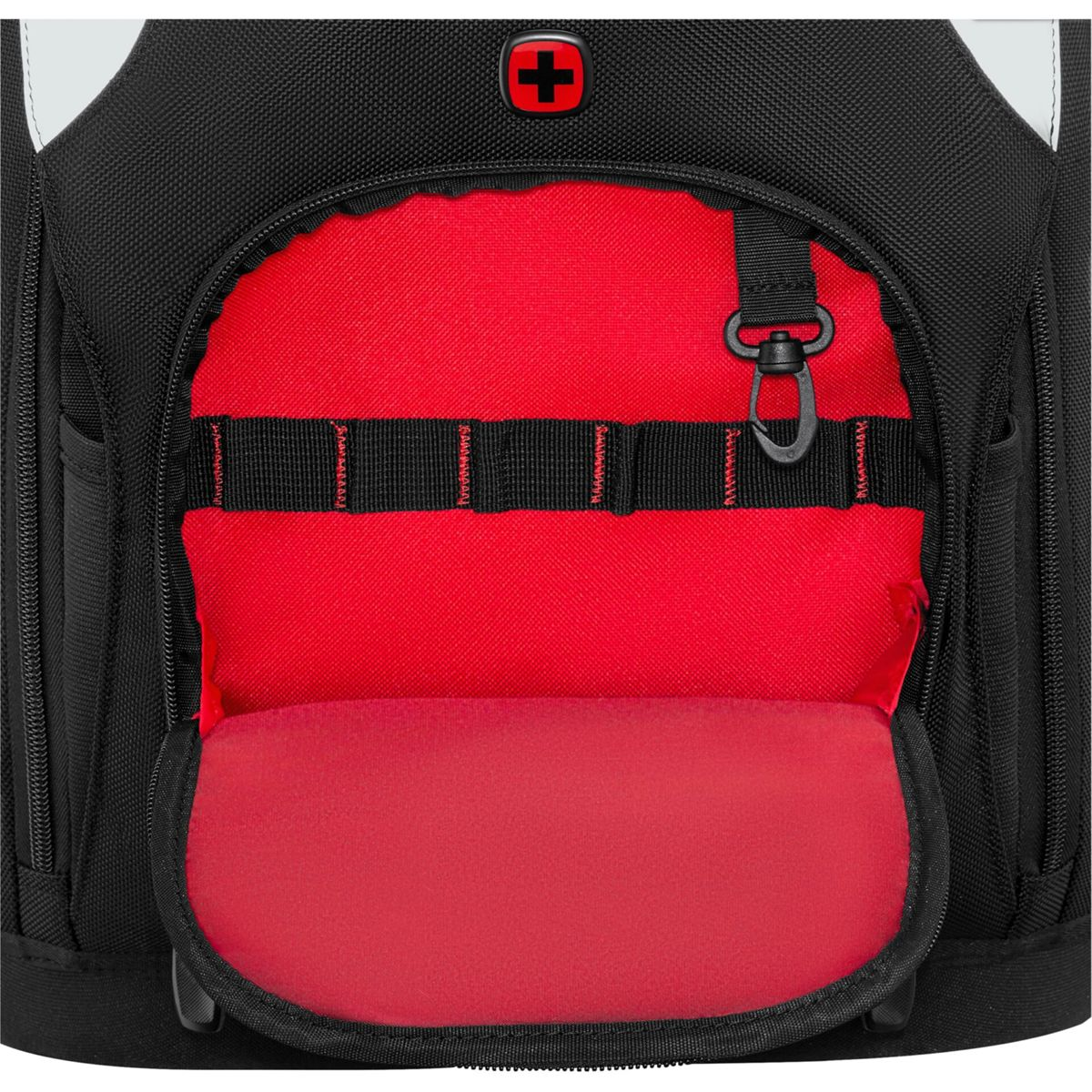 Schwarzer Rucksack mit rotem Innenfach und Schweizer Kreuz-Logo.