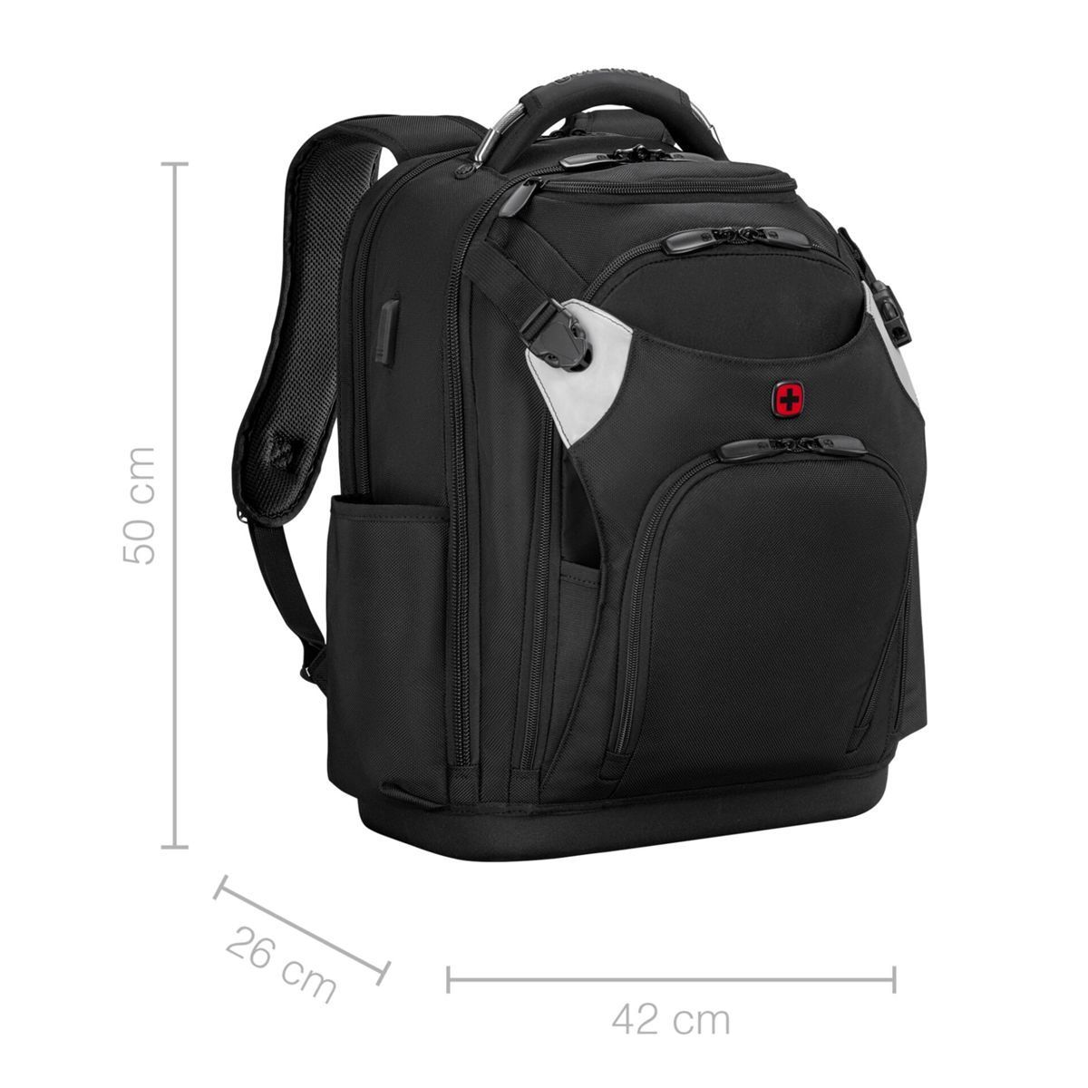Schwarzer Rucksack mit Maßen 50x26x42 cm, silbernen Akzenten.