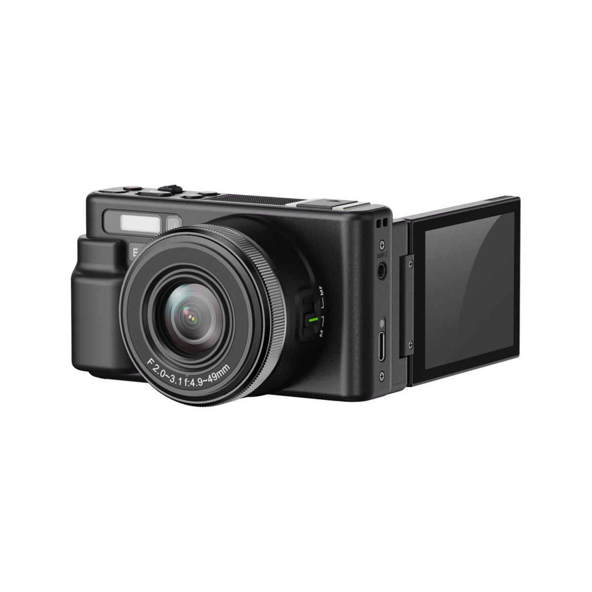 Una fotocamera digitale nera con schermo apribile e obiettivo.