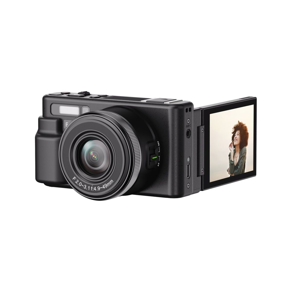 Una fotocamera digitale nera con schermo estraibile che mostra una donna.