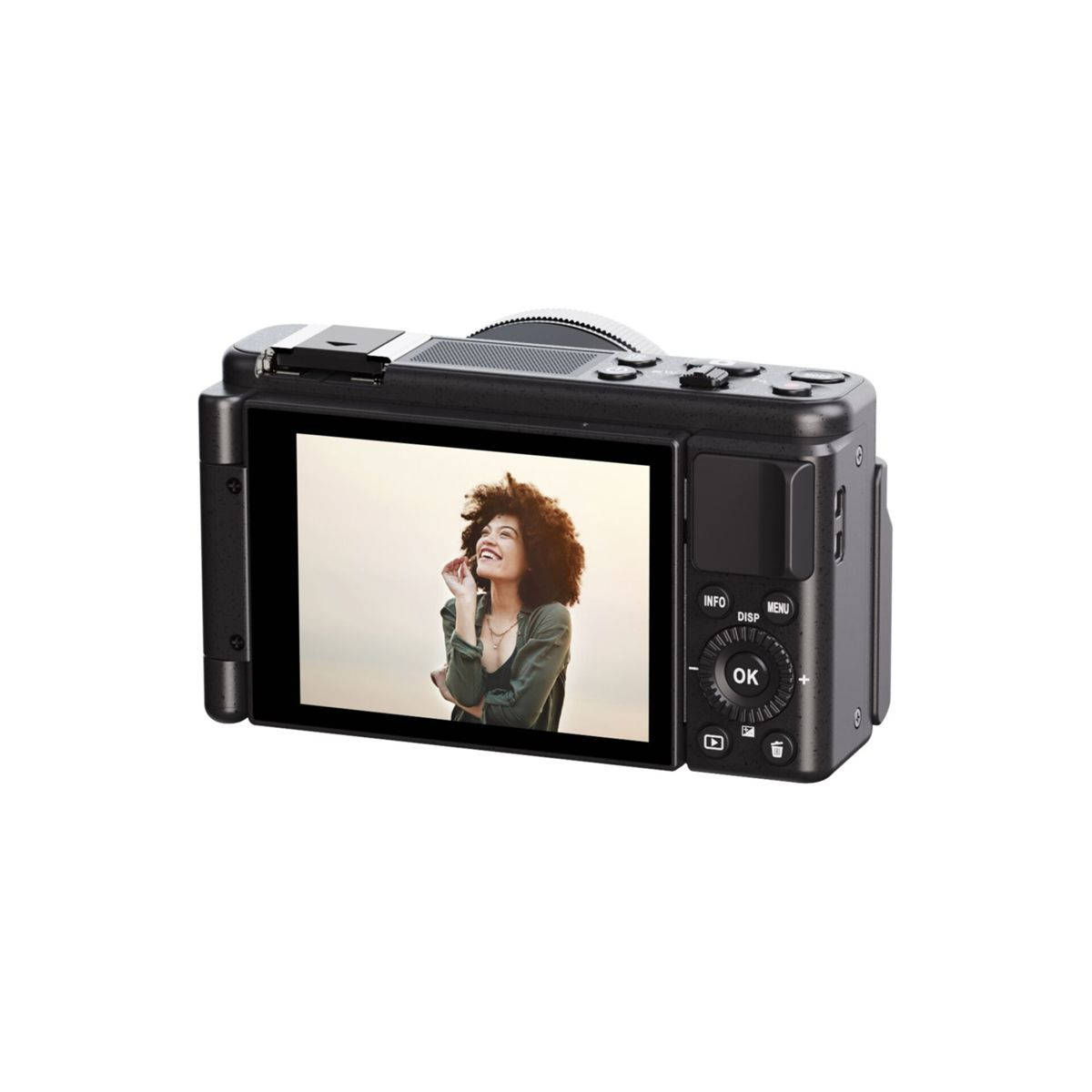 Una fotocamera nera mostra la foto di una donna sorridente con capelli ricci.