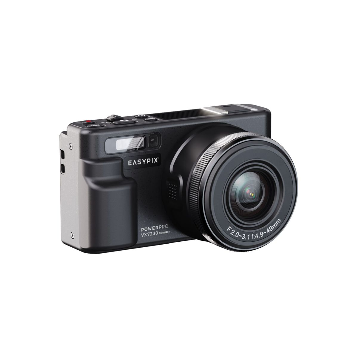 Una fotocamera digitale nera con impugnatura e obiettivo argentati.