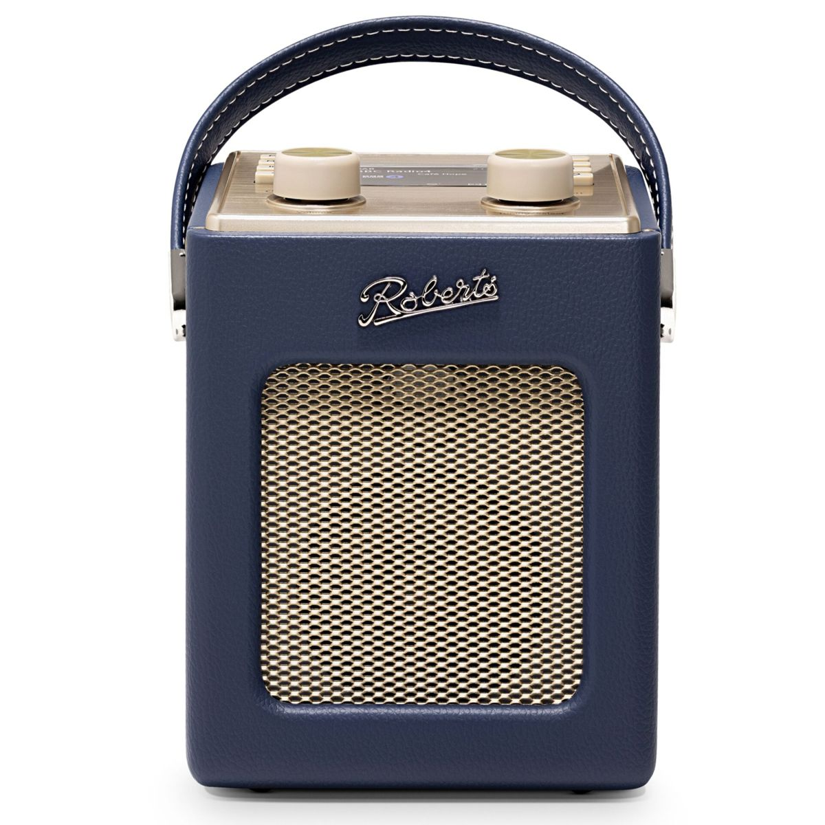 Una radio Roberts blu scuro con griglia dorata e manico per il trasporto.