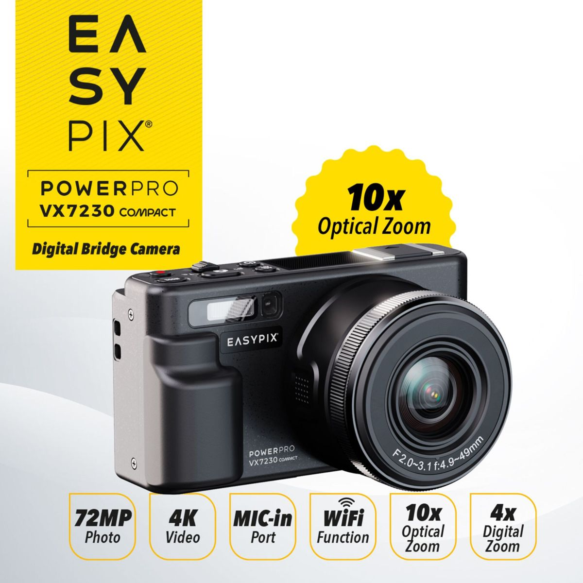 Fotocamera bridge compatta nera EasyPix PowerPro VX7230 con zoom ottico 10x.