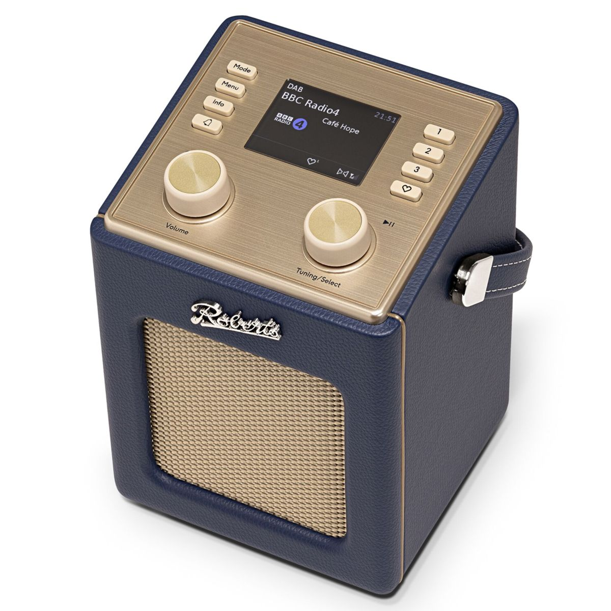 Una radio Roberts blu con frontale dorato, schermo e manopole.