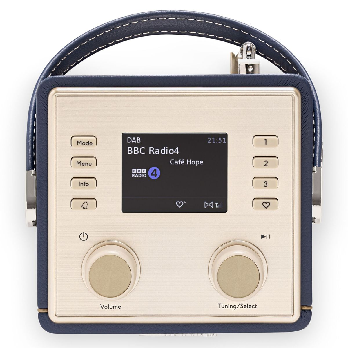 Una classica radio DAB con finiture in pelle blu, pannello frontale crema e manopole argentate.