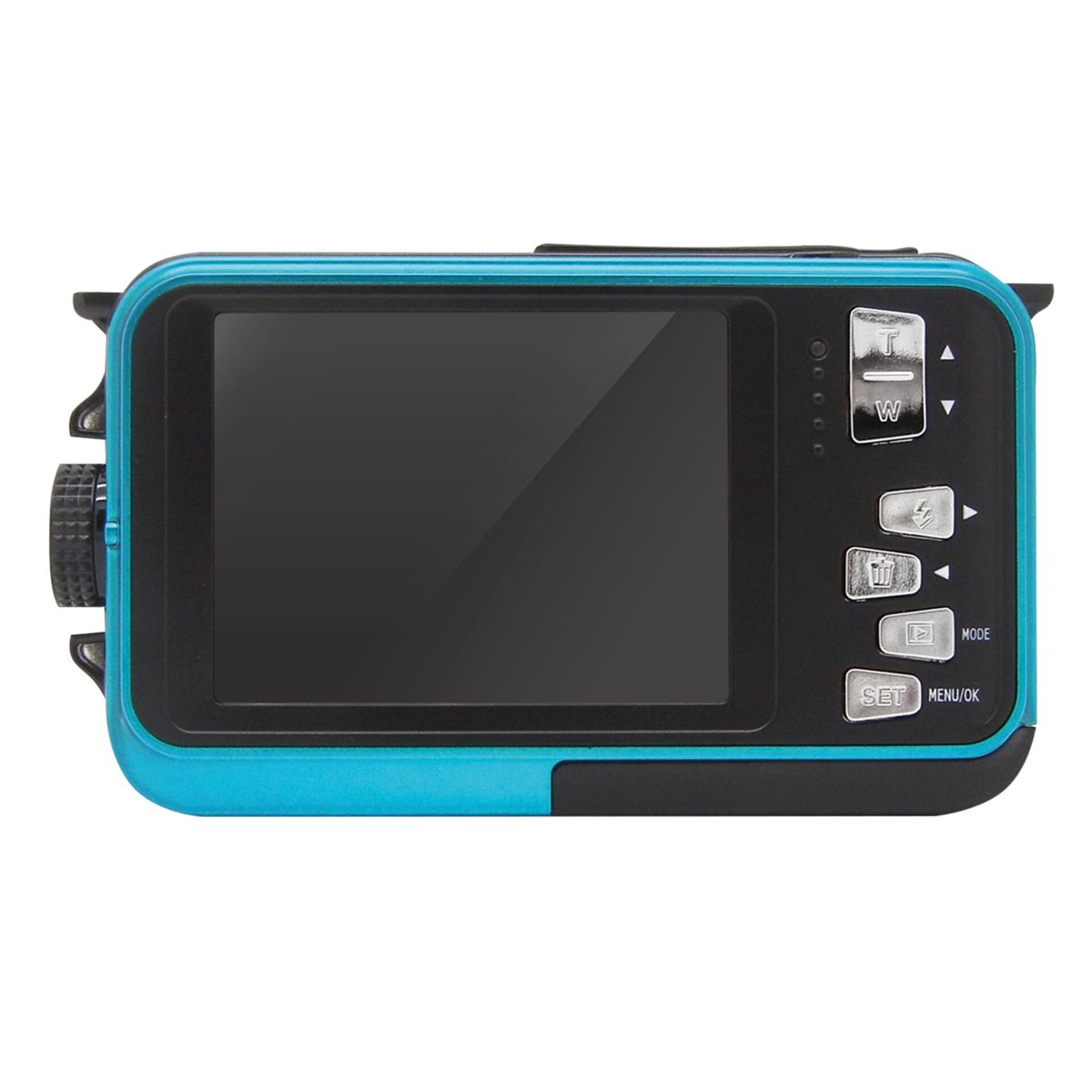 Blaue wasserdichte Kamera mit LCD-Bildschirm und Bedienelementen auf der Rückseite.