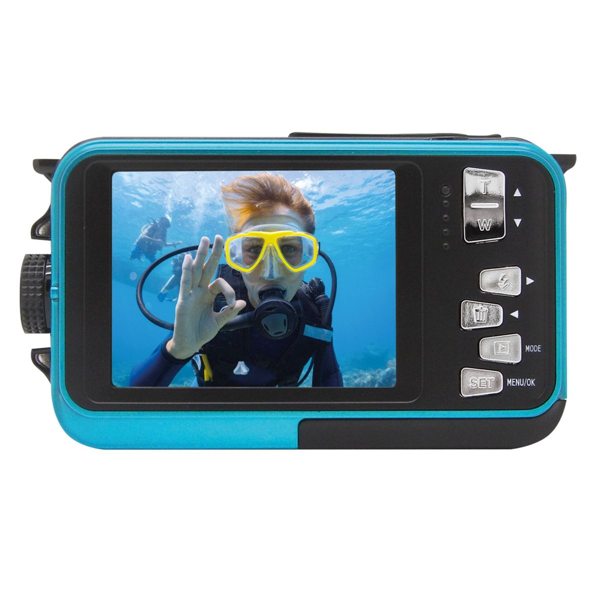 Taucher mit gelber Maske zeigt OK-Geste unter Wasser, andere Taucher im Hintergrund.