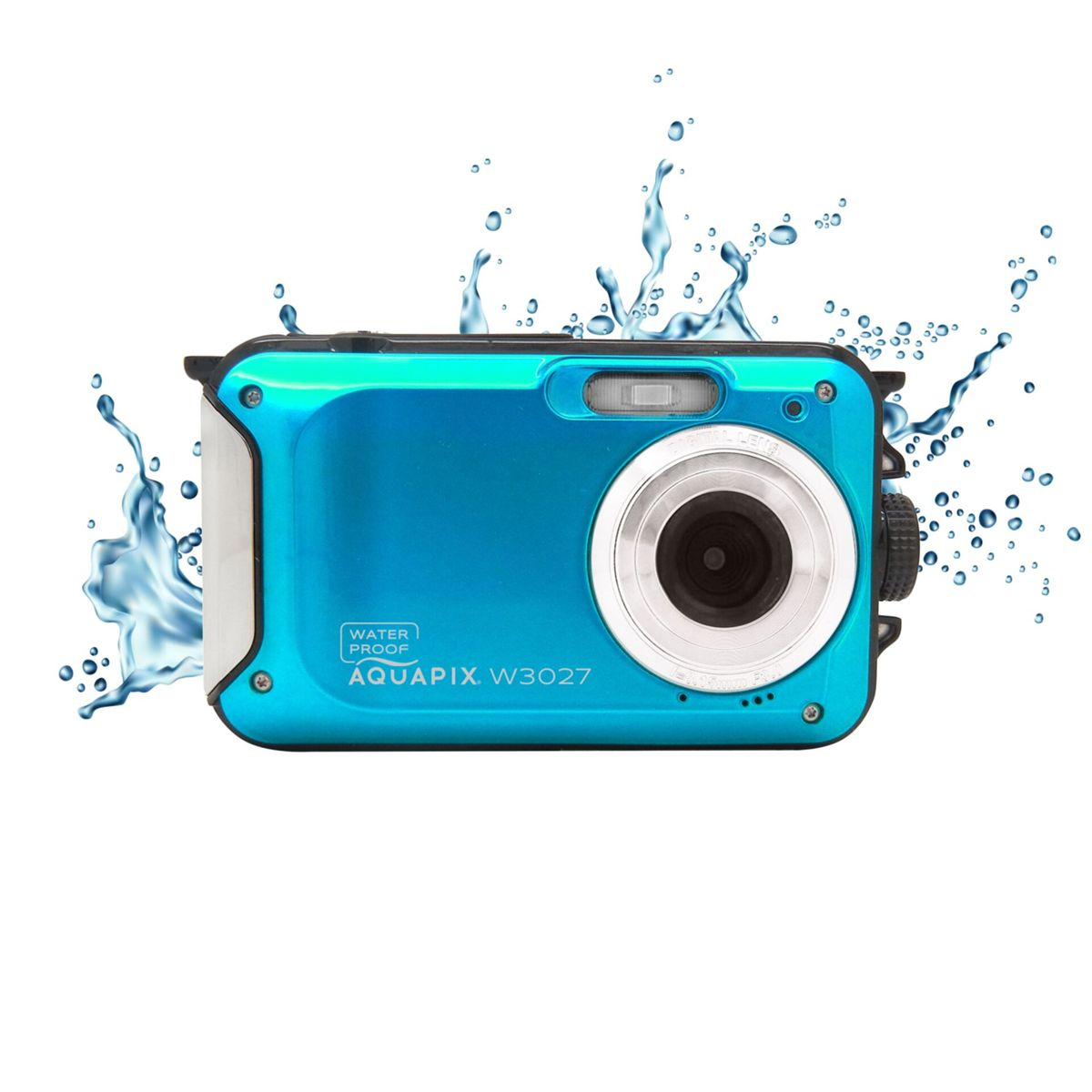 Blauer wasserdichter Aquapix W3027-Fotoapparat mit Wasserspritzern.