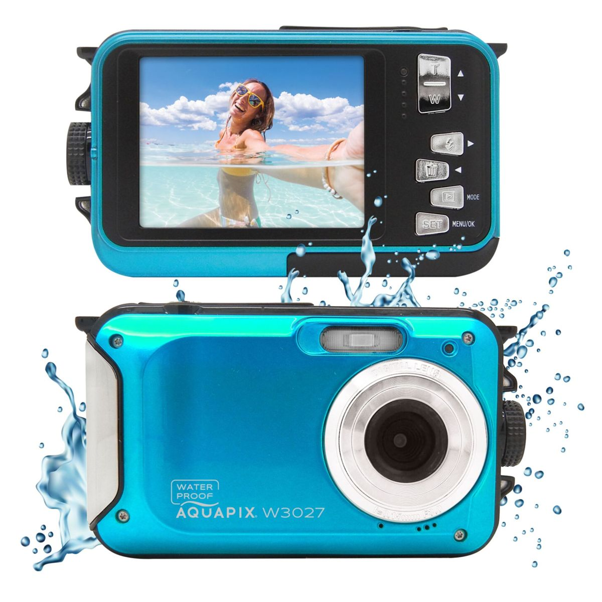 Zwei blaue Aquapix W3027 wasserdichte Kameras, eine zeigt eine Frau im Meer.