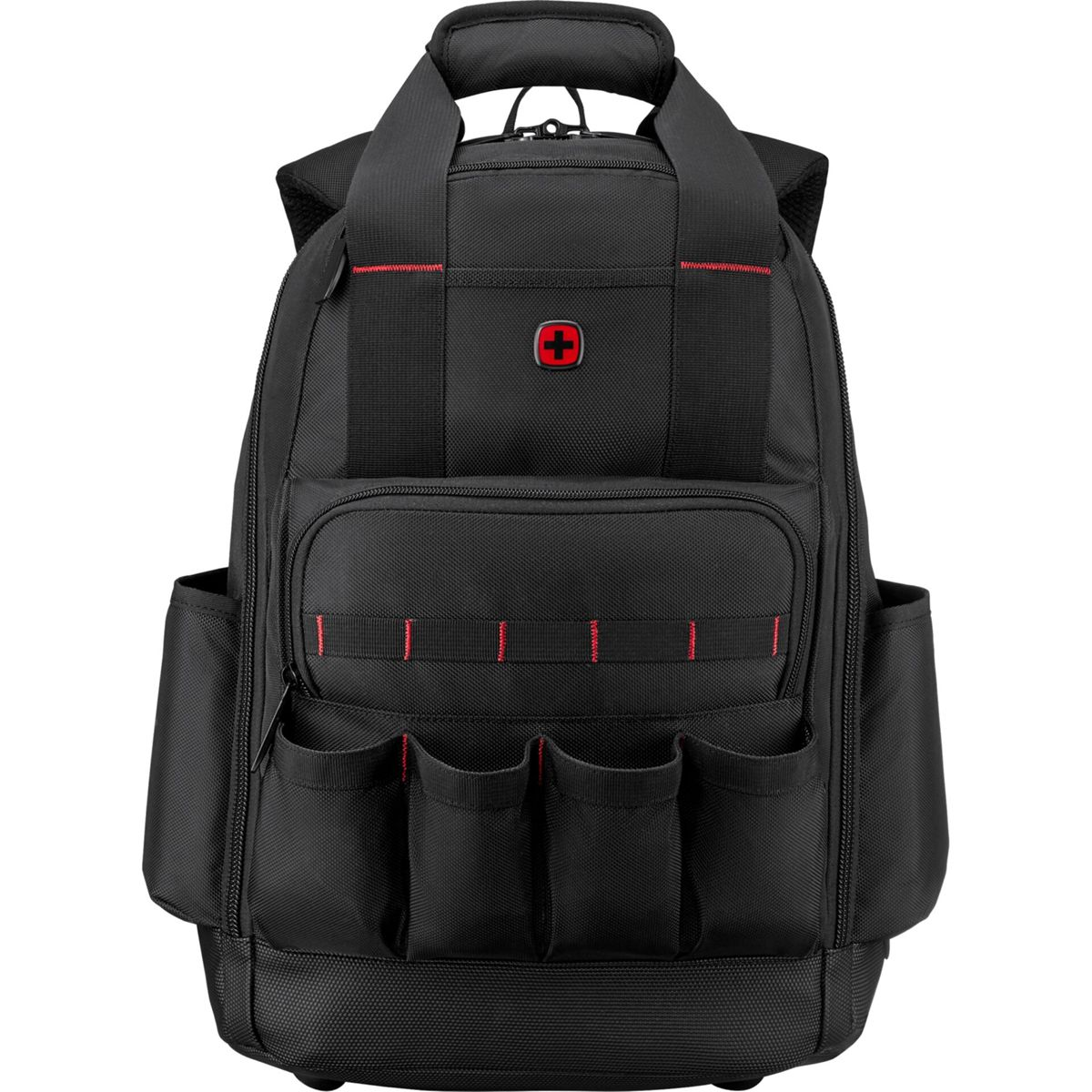 Schwarzer Rucksack mit Werkzeugfächern und rotem Kreuz-Logo.