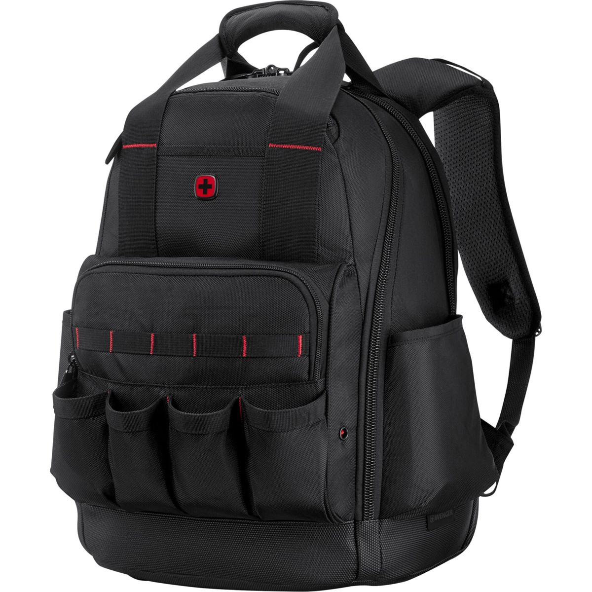 Schwarzer Rucksack mit roten Akzenten, mehreren Fächern und Taschen.
