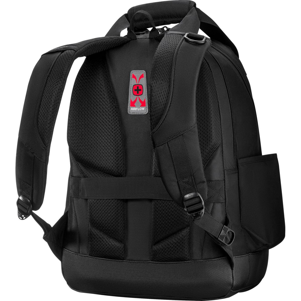 Schwarzer Rucksack mit gepolsterten Schultergurten und Lüftungslogo.