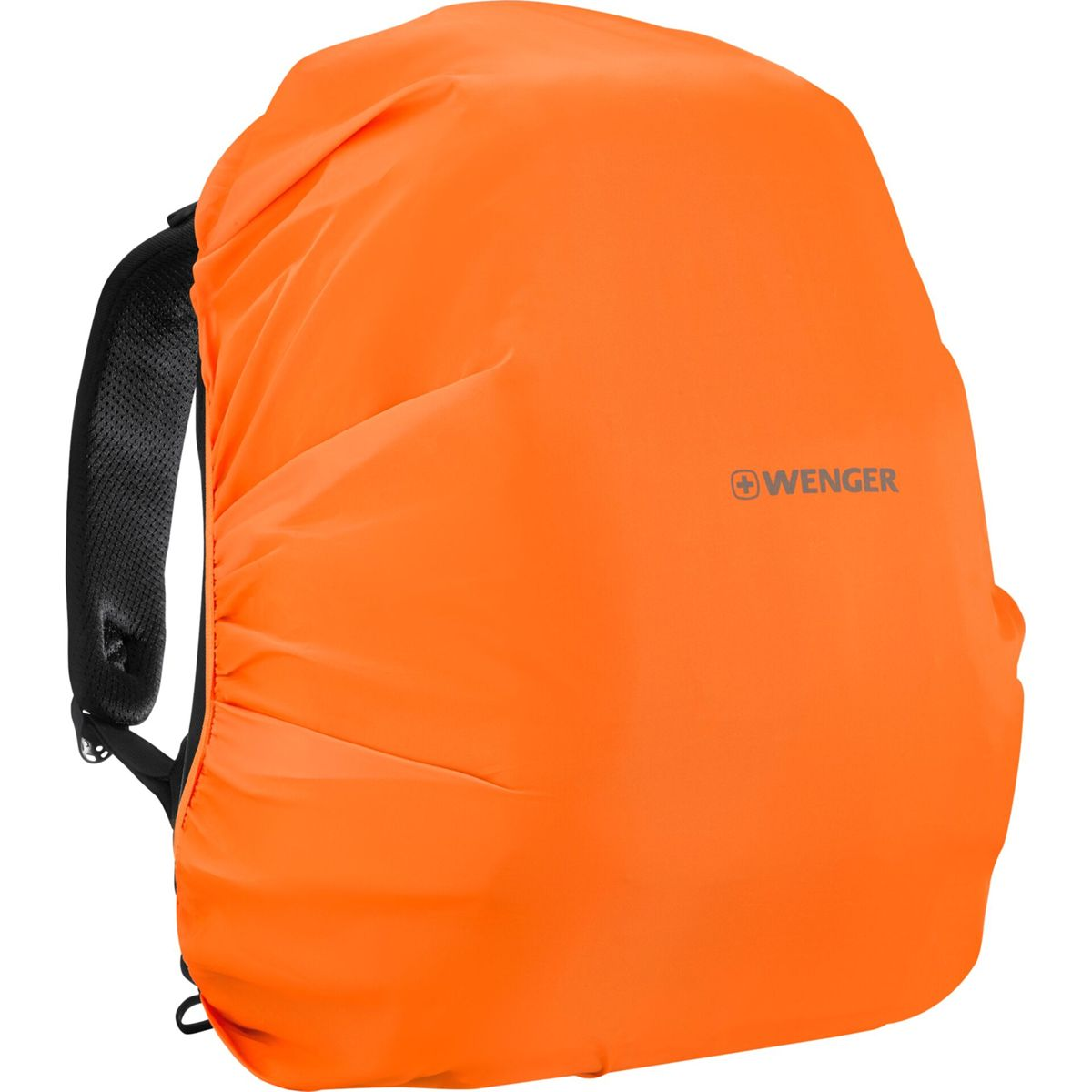 Ein leuchtend orangefarbener Rucksackbezug mit Wenger-Logo, auf weißem Hintergrund.