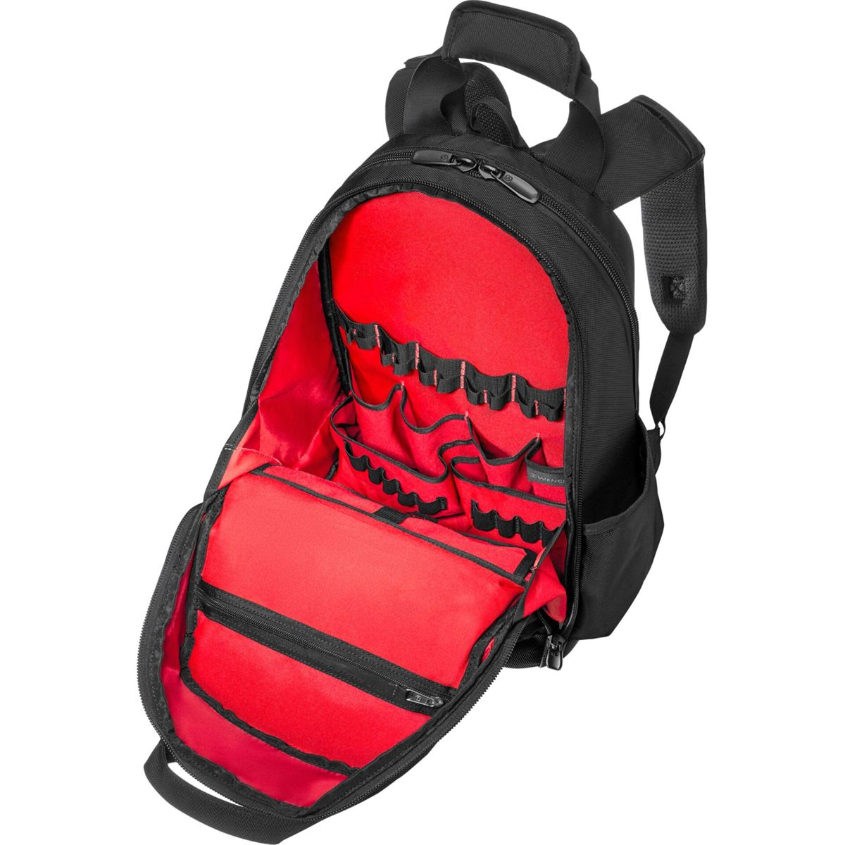 Schwarzer Rucksack mit offenem Fach und rotem Innenfutter, viele Fächer.