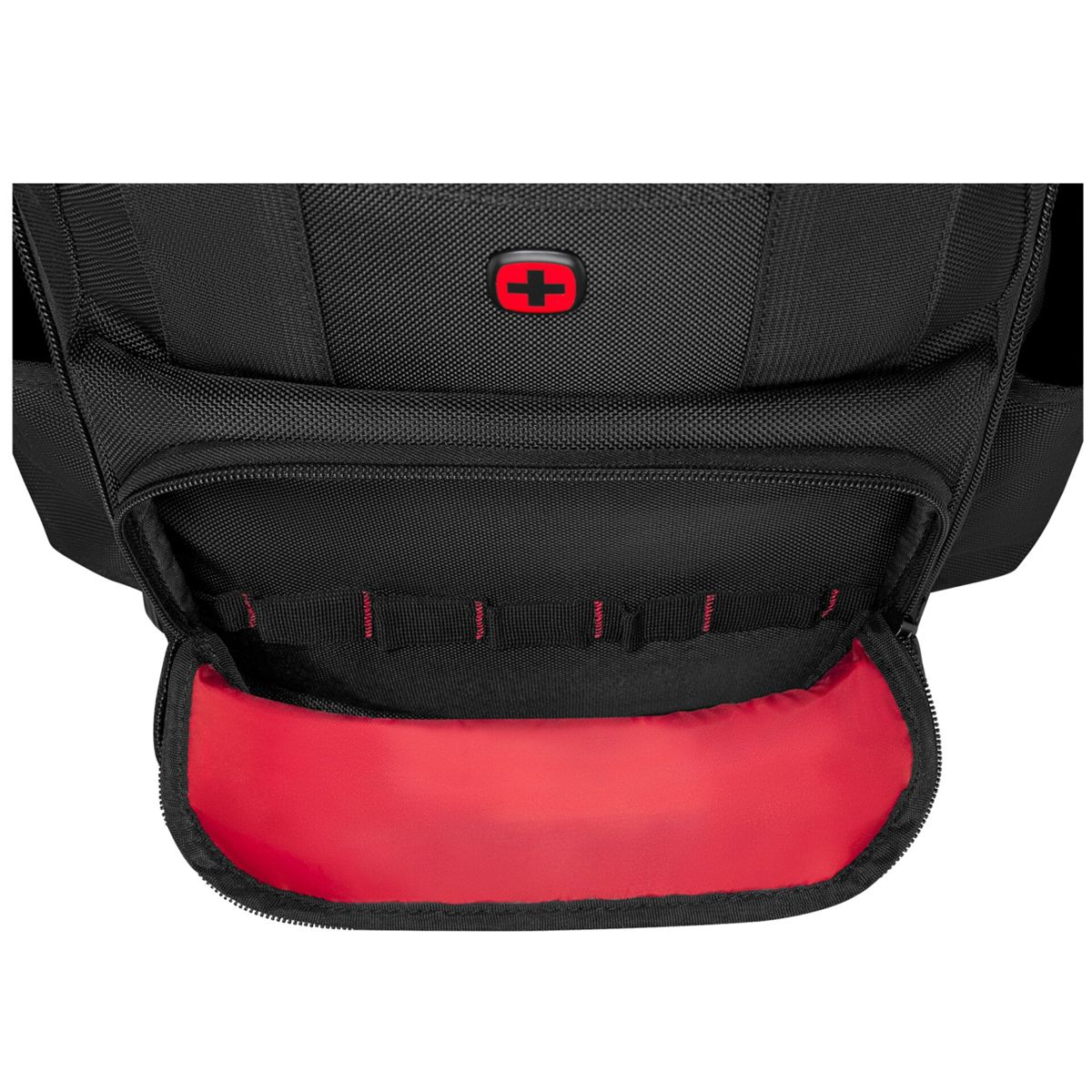 Schwarzer Rucksack mit offenem Fach und rotem Futter. Schweizer Kreuz-Logo.