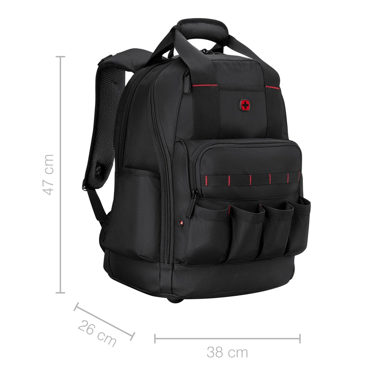 Schwarzer Rucksack mit roten Akzenten und mehreren Taschen. Maße: 47x38x26 cm.