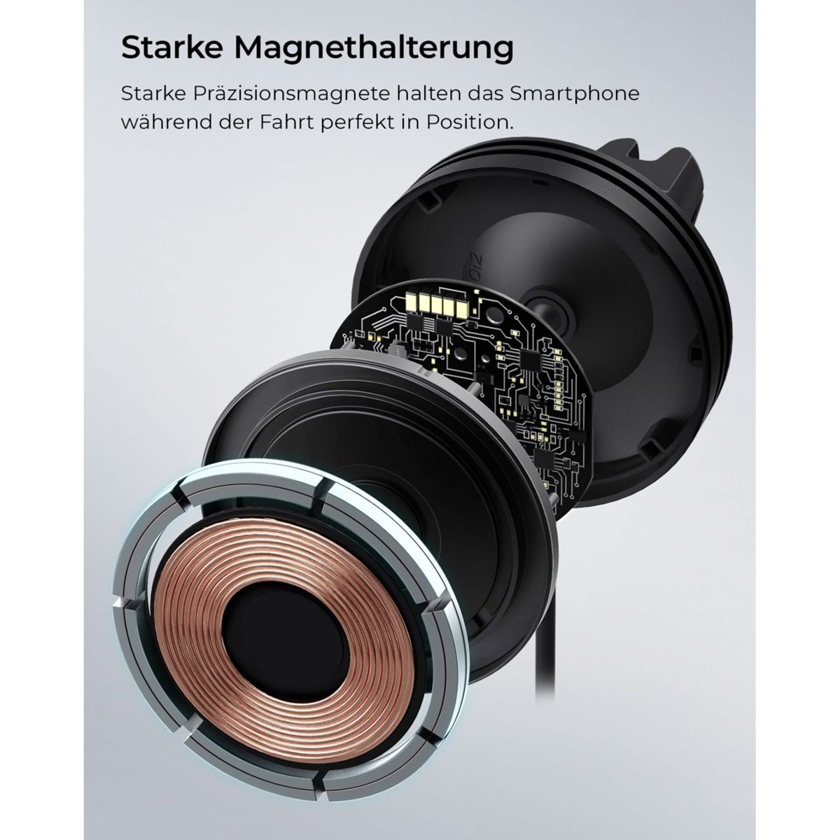 Explodierte Ansicht eines schwarzen magnetischen Handyhalters mit Spulen und Leiterplatte.