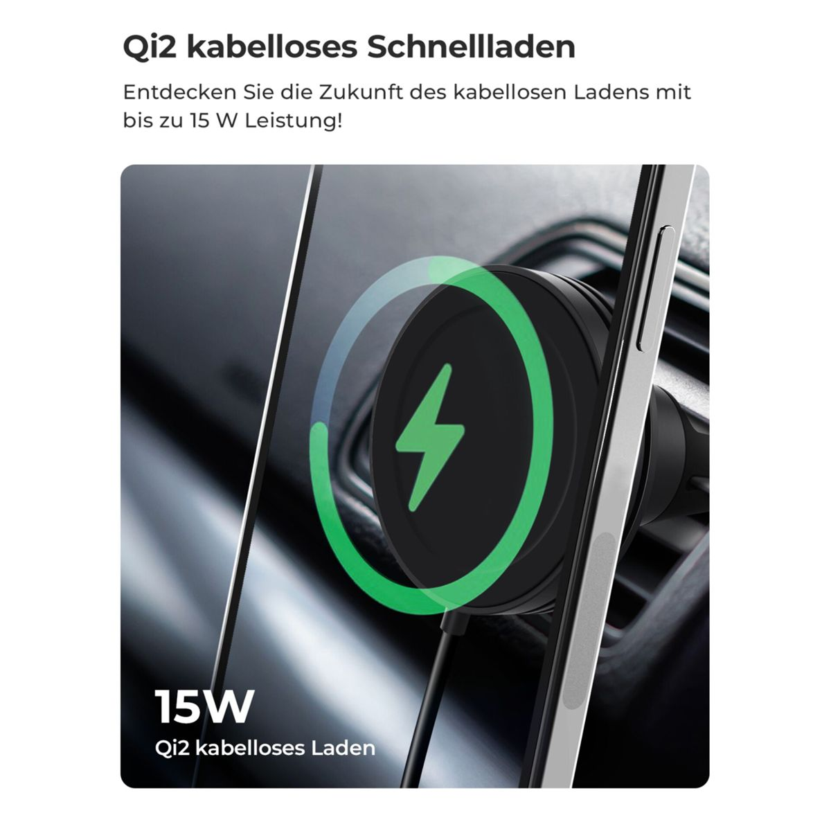 Ein Qi2 kabelloses Ladegerät mit 15W Leistung, das ein Smartphone lädt.