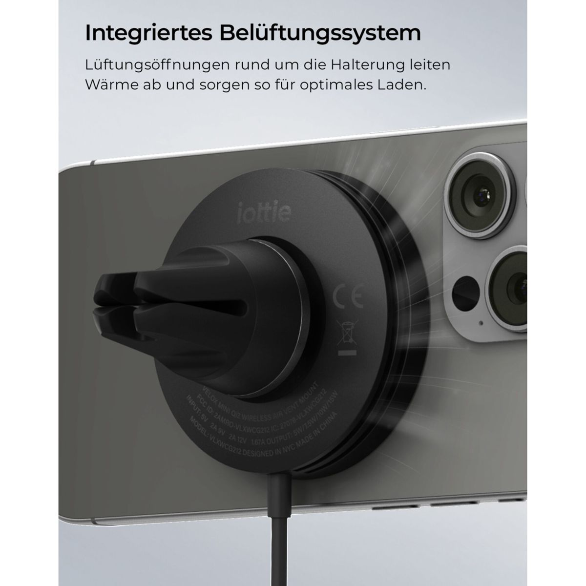 Schwarze Handyhalterung mit integriertem Lüftungssystem, am Auto-Lüftungsschlitz befestigt.
