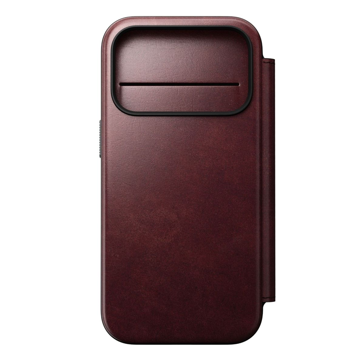 Ein dunkelrotes Ledercase für ein Smartphone mit einer Aussparung für die Kameralinse.