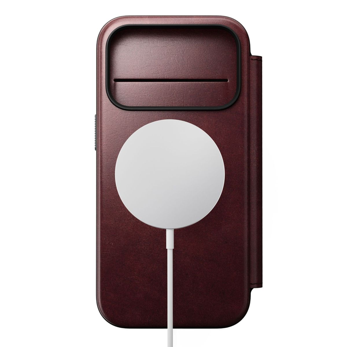 Rote Handyhülle mit weißem Ladegerät und Kabel.