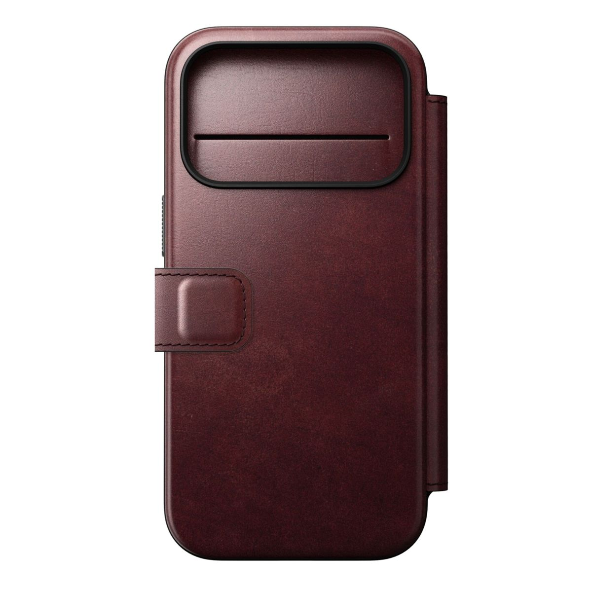 Dunkelrotes Leder-Flip-Case für ein Smartphone mit schwarzem Rand.