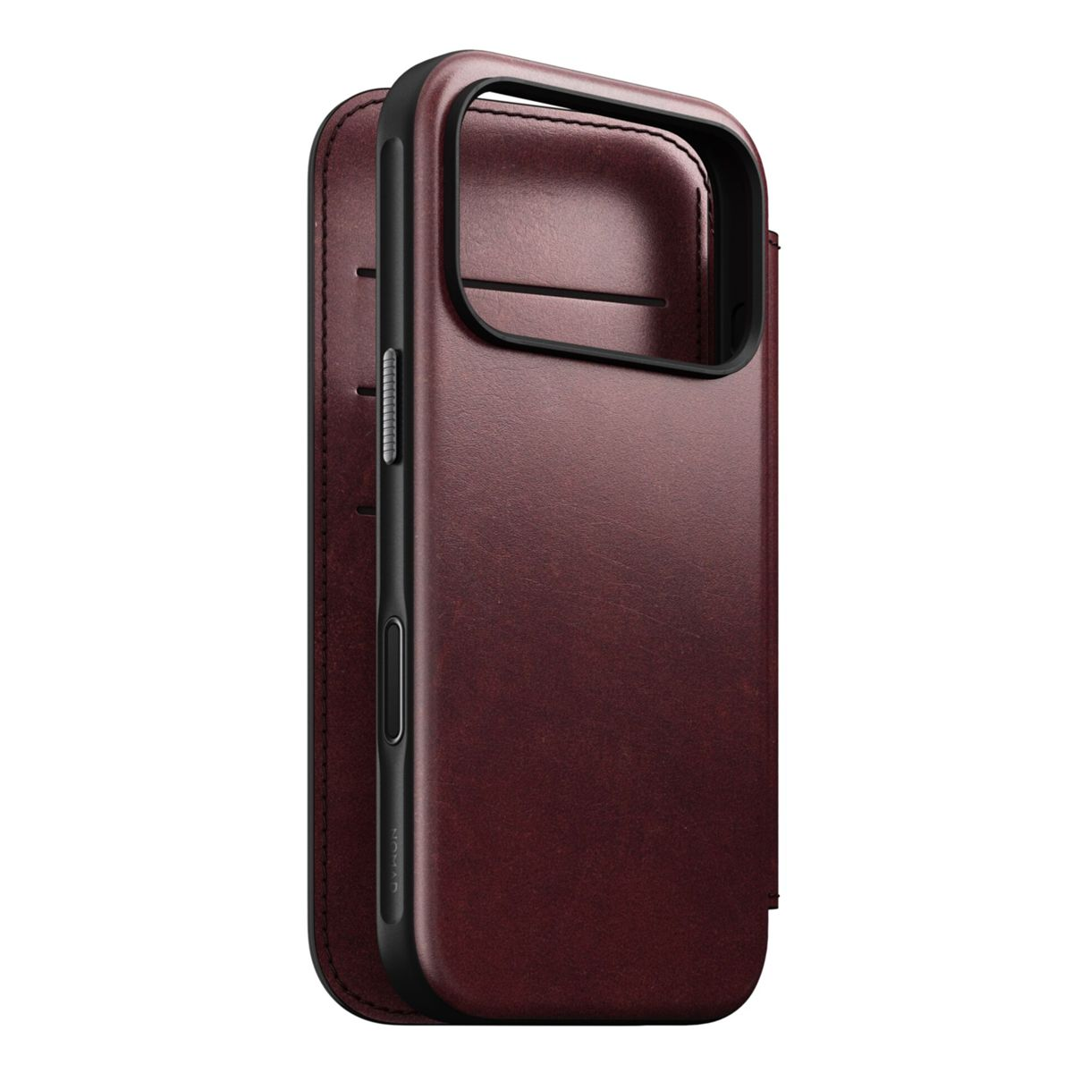 Dunkelbraunes Leder-iPhone-Hülle mit schwarzem Rand, auf weißem Hintergrund.