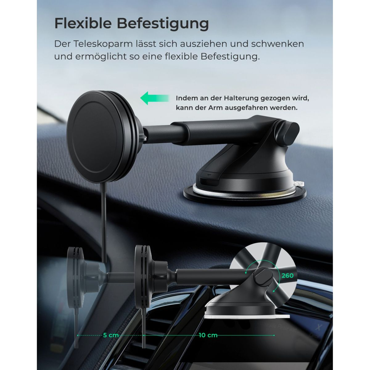 Flexibler Handyhalter mit Saugfuß für Autos. Arm ausziehbar und schwenkbar.