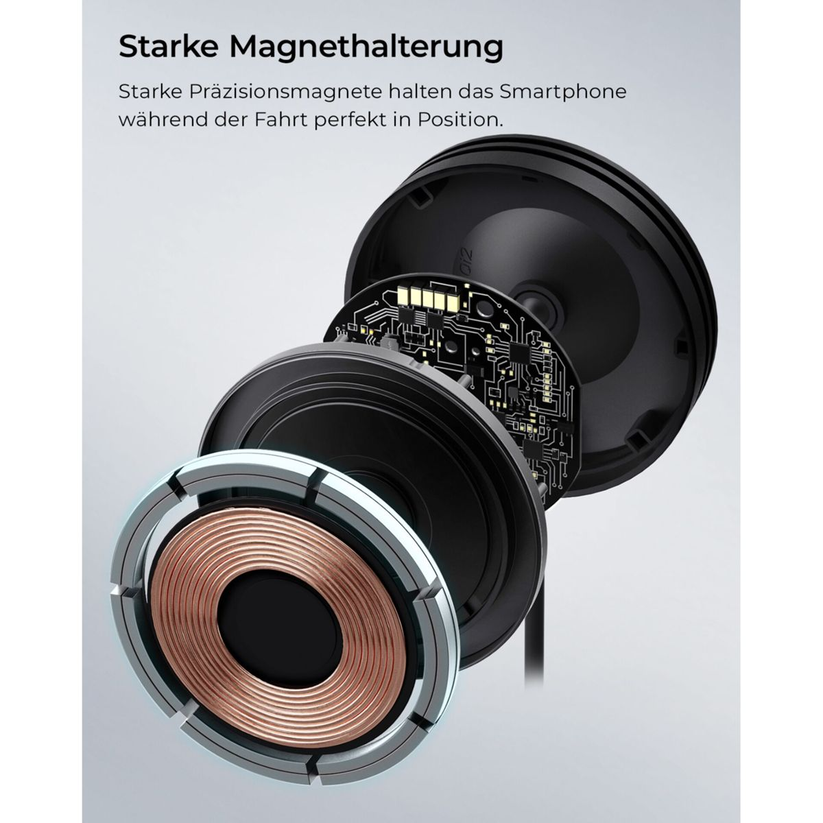 Explosionsansicht einer Autohalterung mit Kupferspule, Platine und Magneten.