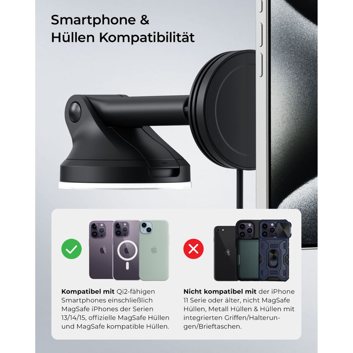 Kompatibilität von Smartphones und Hüllen, zeigt iPhones mit und ohne Hüllen.