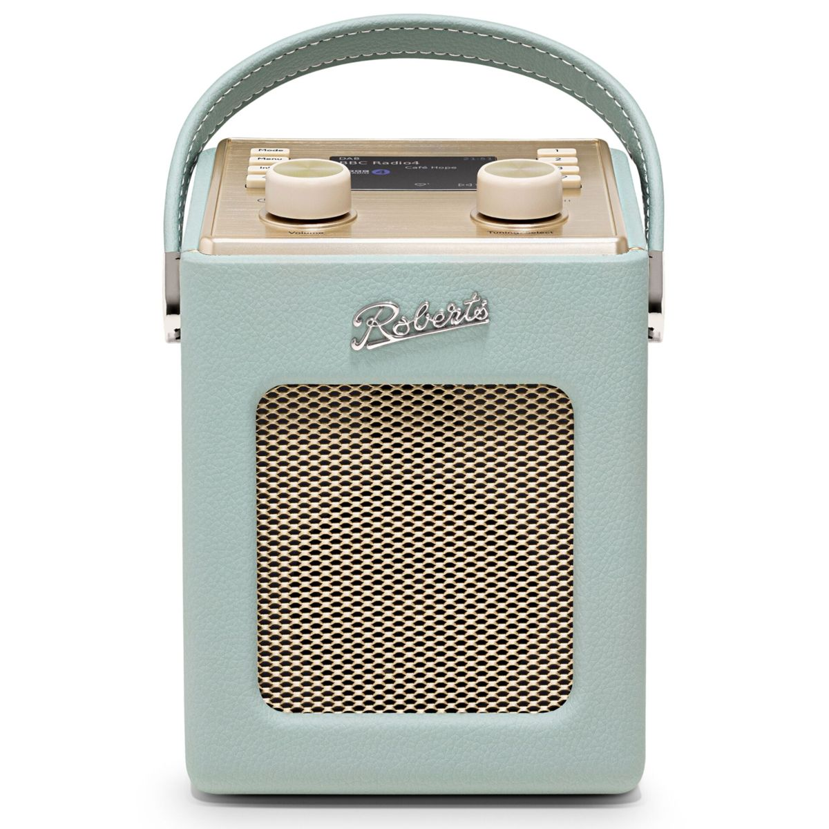 Una radio Roberts verde menta con griglia dorata e manico.