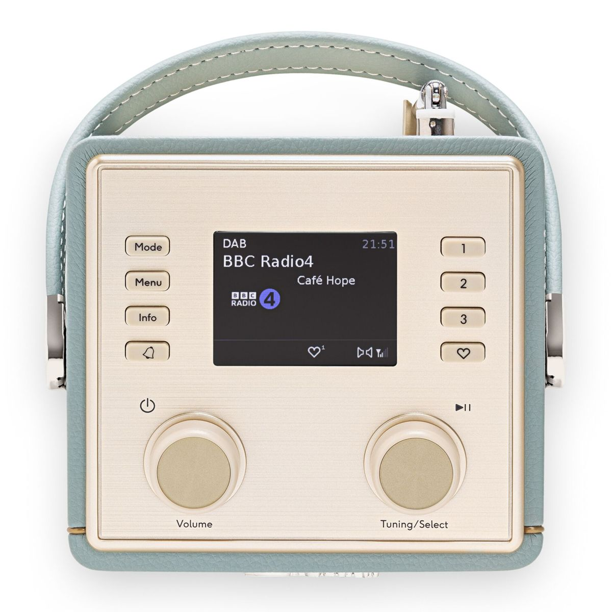 Una radio verde pallido con manopole argentate e un display digitale che mostra BBC Radio 4.