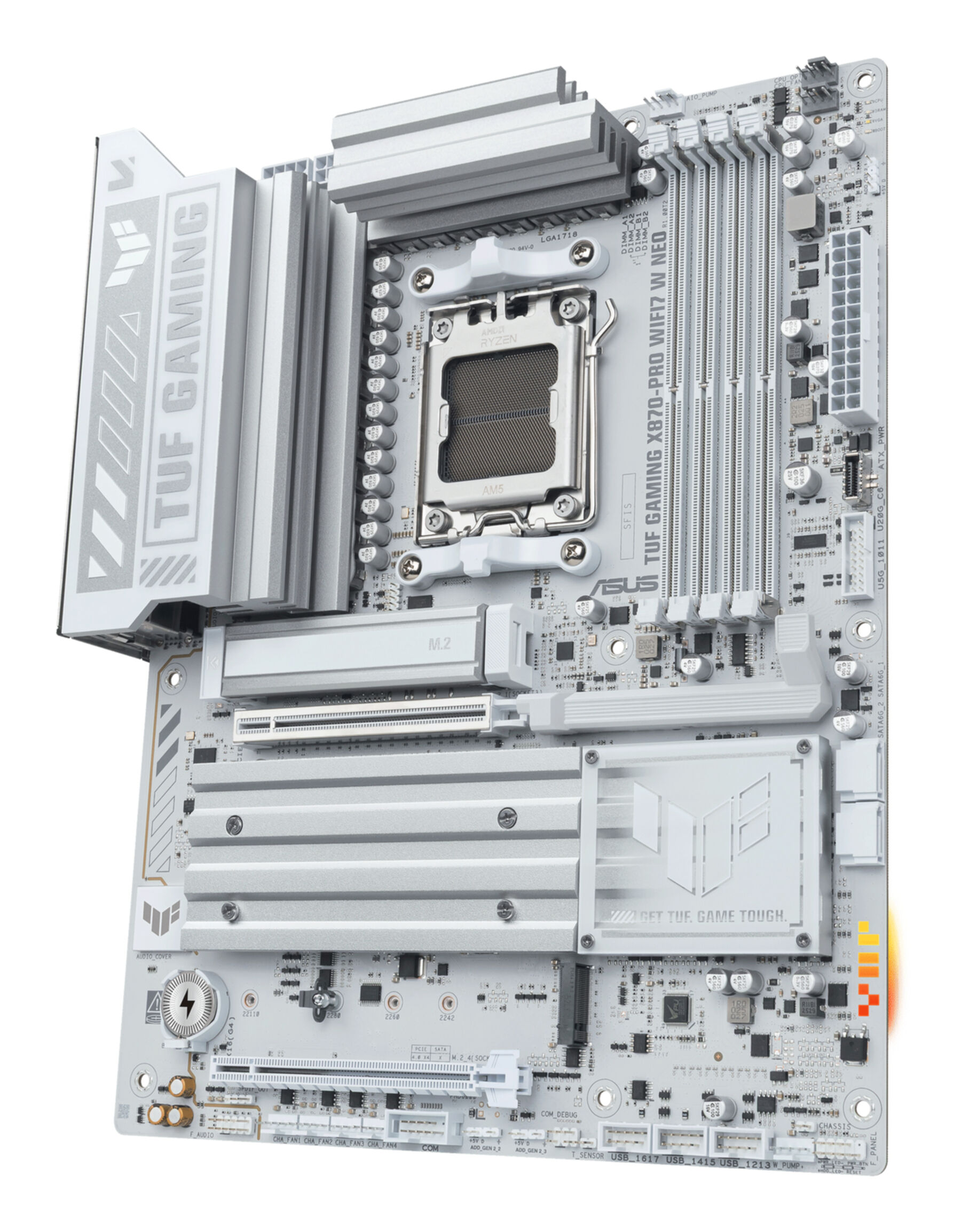 Biała płyta główna z srebrnymi radiatorami i logo TUF Gaming.