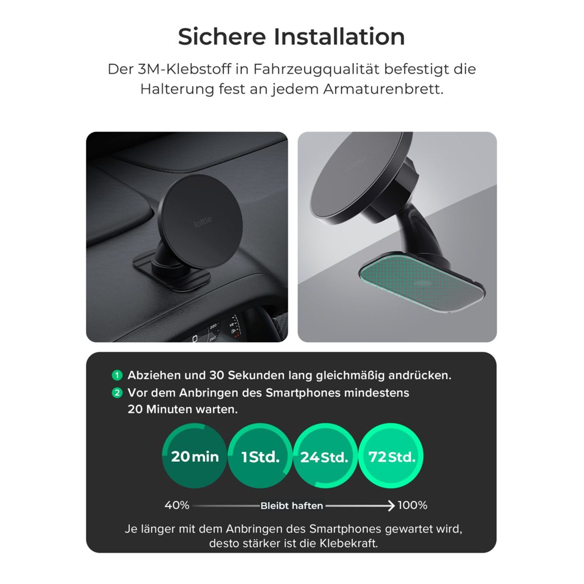 Autohalterung mit 3M-Klebstoff für Armaturenbrett. Anbringungshinweise und Haftkraft-Diagramm.