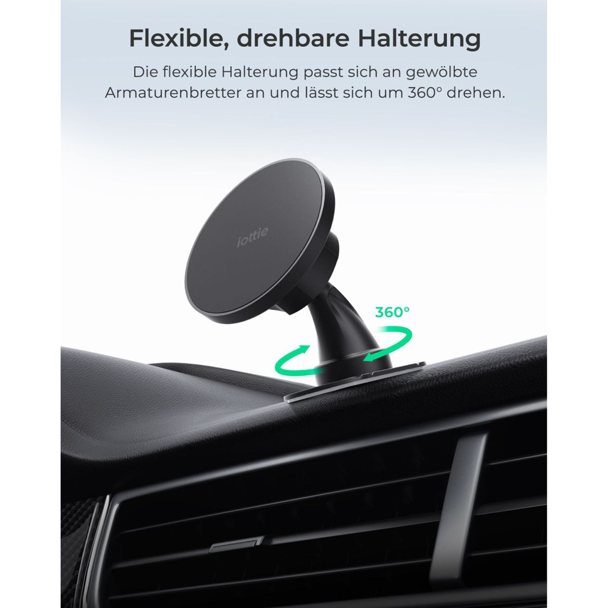 Ein schwarzer Handyhalter mit 360°-Drehung auf einem Armaturenbrett.