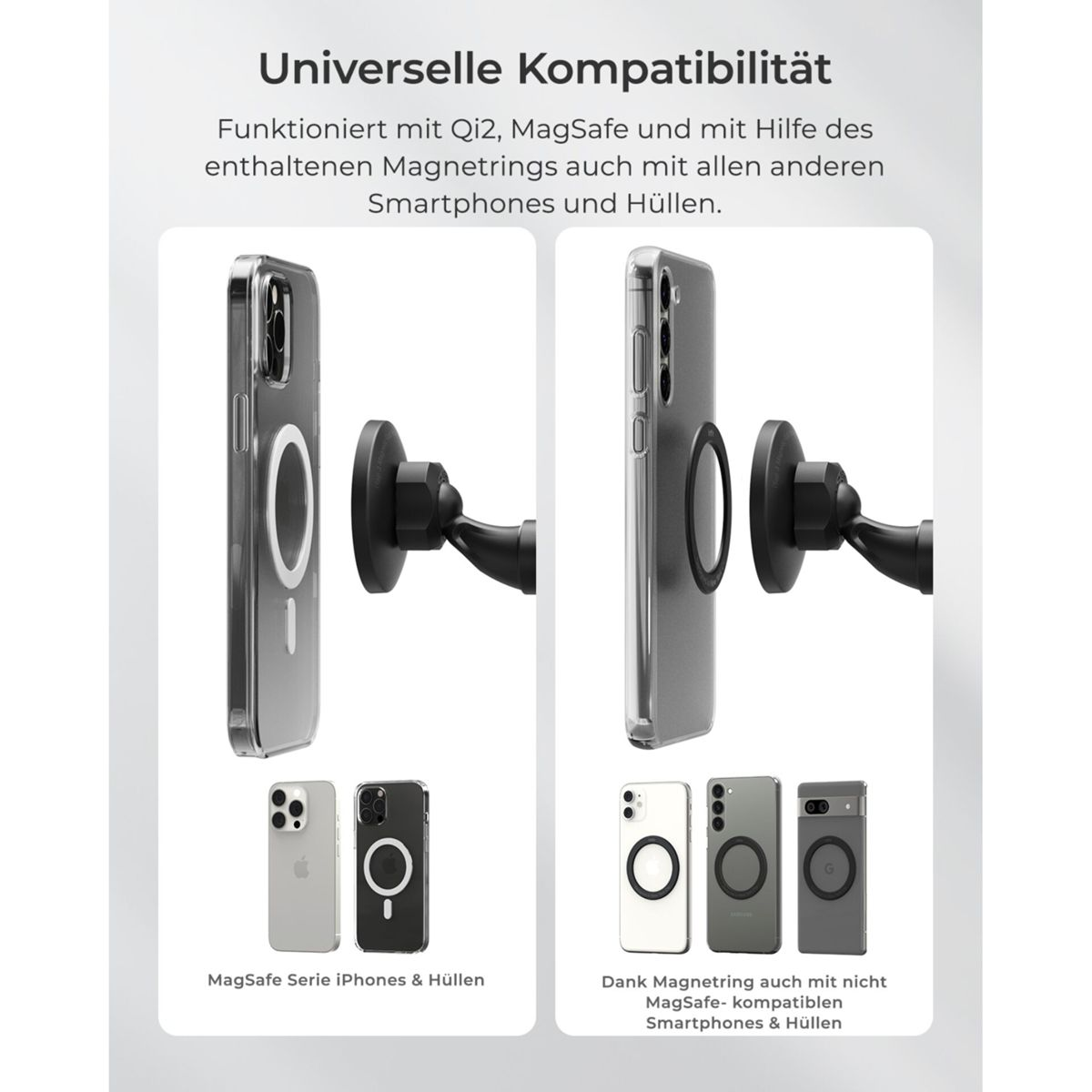 Zwei transparente Handyhüllen mit Magnetringen an Halterungen. Unten sind iPhones und andere Handys.