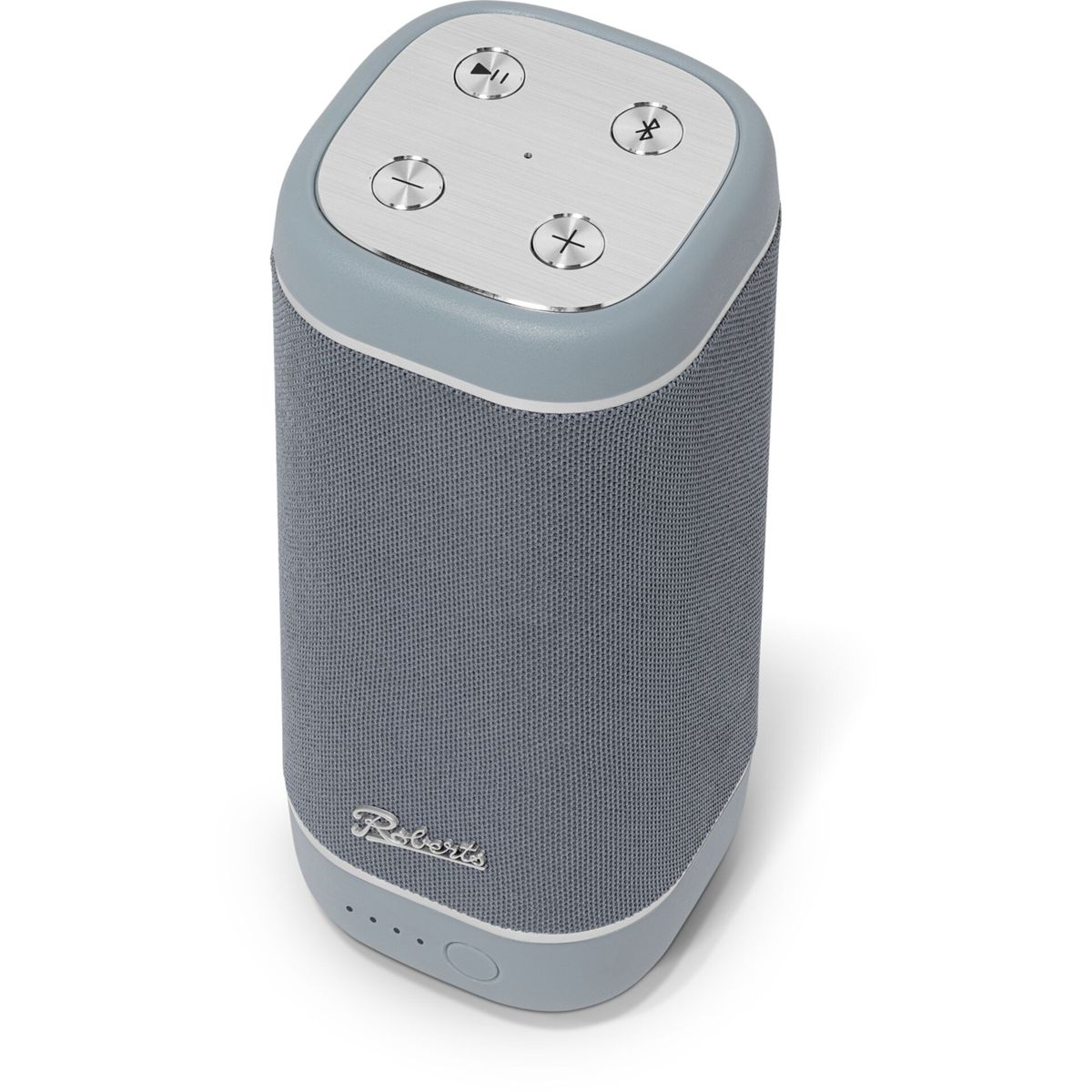 Ein grauer Bluetooth-Lautsprecher mit Bedienknöpfen auf der Oberseite.