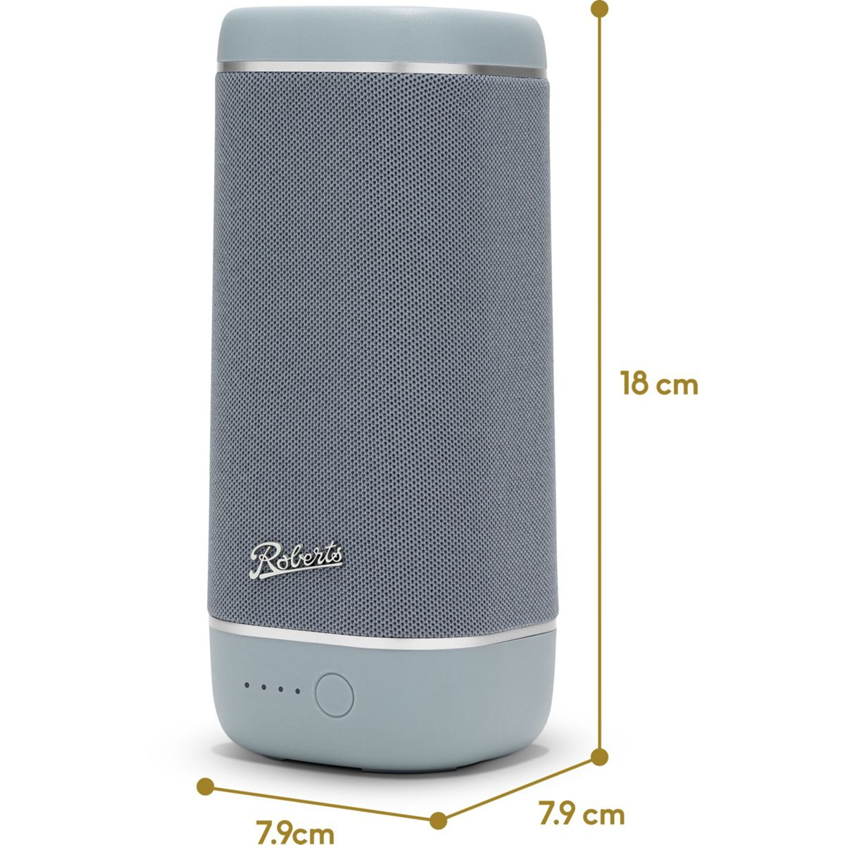 Grauer Lautsprecher mit Roberts-Logo, 18 cm hoch.